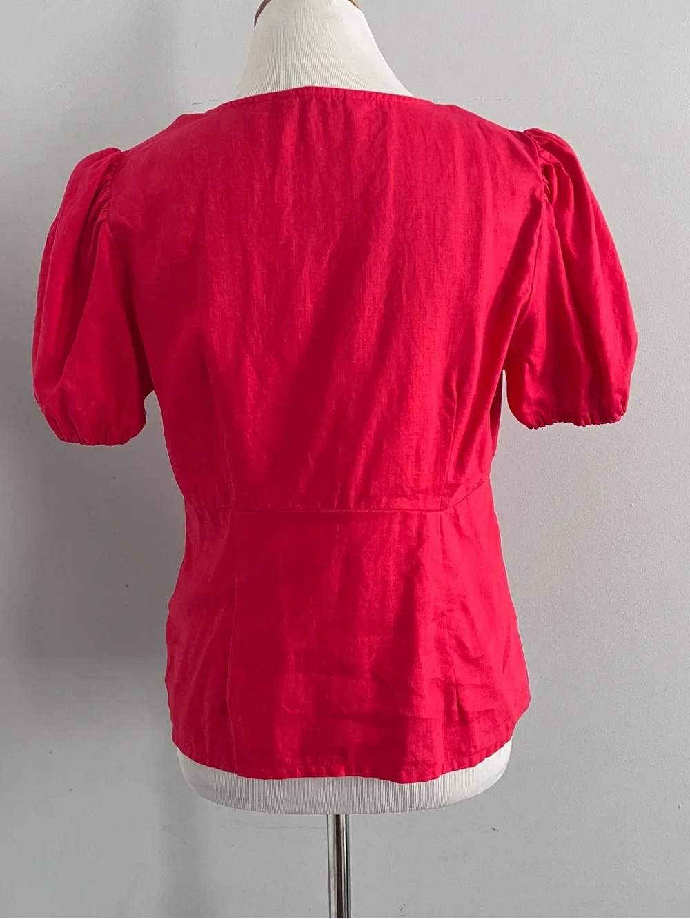 Boden Red Linen V-Neck Puff Sleeve Button Front Top Womens US 10 UK 14